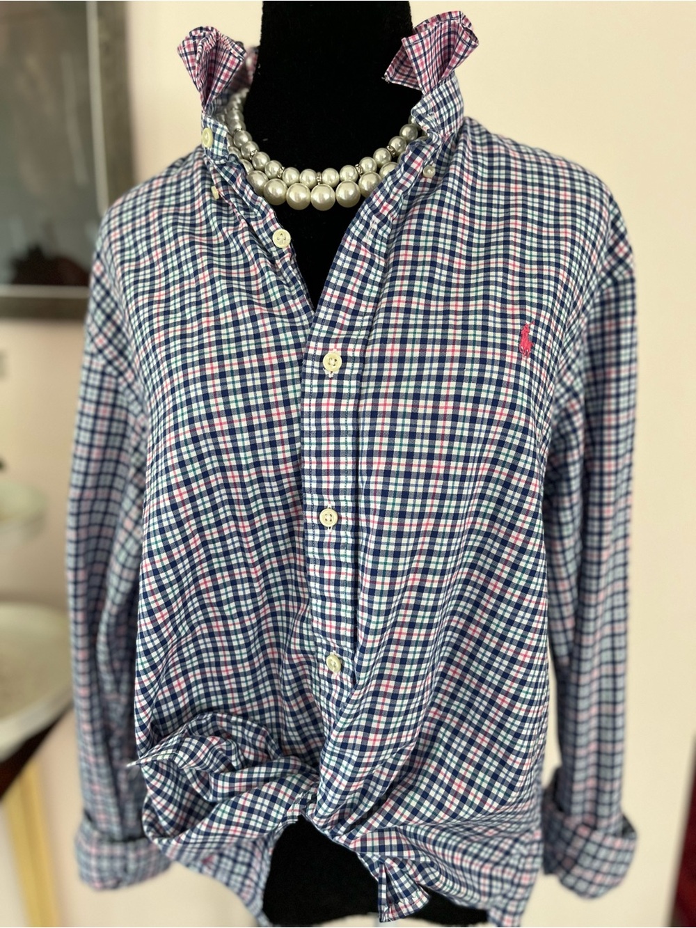 Refashioned Ralph Lauren Plaid Button-Down in Navy Pink Ruffle Collar